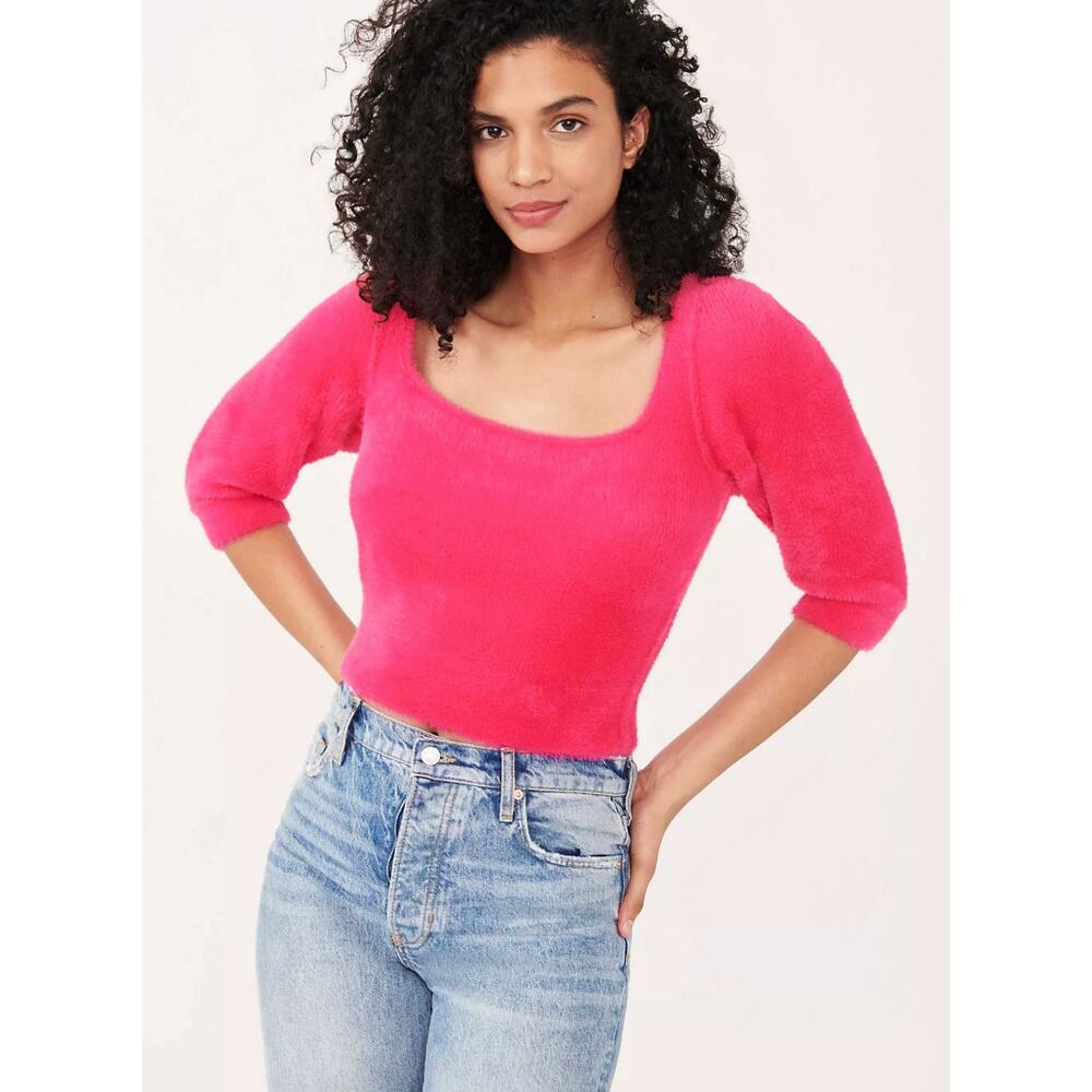 Free People Moonbeam Sweater Small Hot Pink Cropped Puff Sleeve Soft Knit